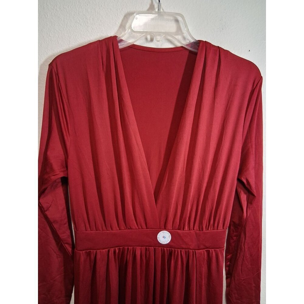 NWT Sexy Red Dress Deep V Neck High Slit Long Sleeve Party Dance Size Small - Picture 2 of 7
